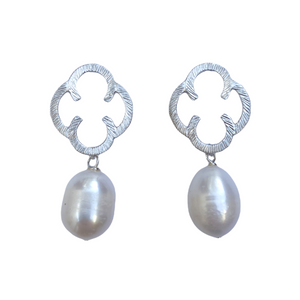 Silver plated clover posts with freshwater pearl drops_m donohue collection