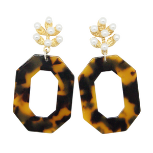 Exquisite 22k gold-plated and pearl post earrings with acetate tortoise drop_m donohue collection
