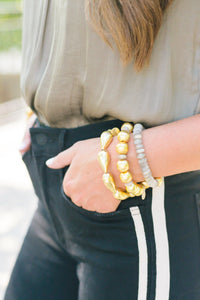 Model wears Caroline Gold bracelet_m donohue collection