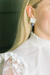 Model wearing Audrey Porcelain Earrings_m donohue collection