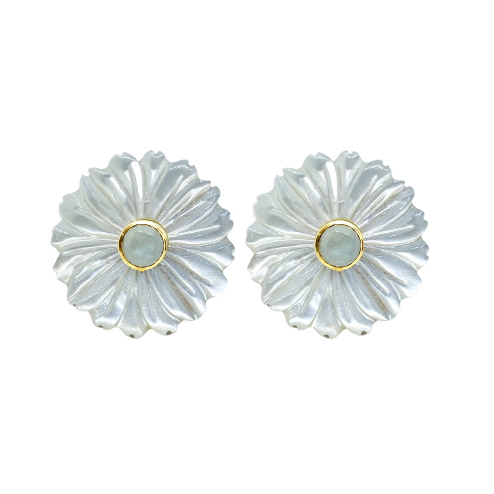 Beautiful white mother of pearl flowers with green aquamarine gemstone center_m donohue collection