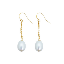 Load image into Gallery viewer, 14k gold fill hooks with gold-plated chain and white freshwater pearl drop_m donohue collection