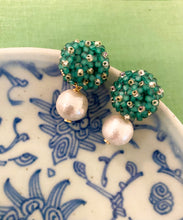 Load image into Gallery viewer, Liz Cotton Pearl Green Earrings displayed on blue porcelain_m donohue collection