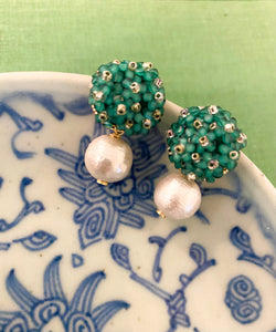 Liz Cotton Pearl Green Earrings displayed on blue porcelain_m donohue collection
