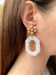 Model is wearing Riley White Earrings_m donohue collection