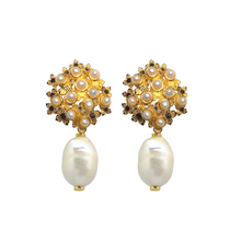 Load image into Gallery viewer, Gold flower cluster post with freshwater pearl drop_m donohue collection