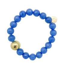 Load image into Gallery viewer, Beautiful stretch bracelet with blue jade beads and single gold plated copper bead_m donohue collection