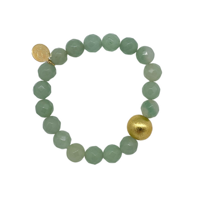 Stretch bracelet with green jade gemstones and gold plated copper bead_m donohue collection
