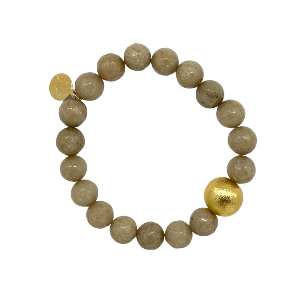 Stretch bracelet with taupe jade gemstones and gold plated copper bead_m donohue collection