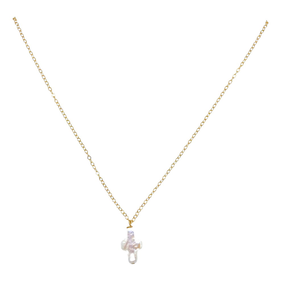 Sterling silver or 14k gold fill necklace with freshwater pearl cross. Available in 16" and 18" lengths_m donohue collection