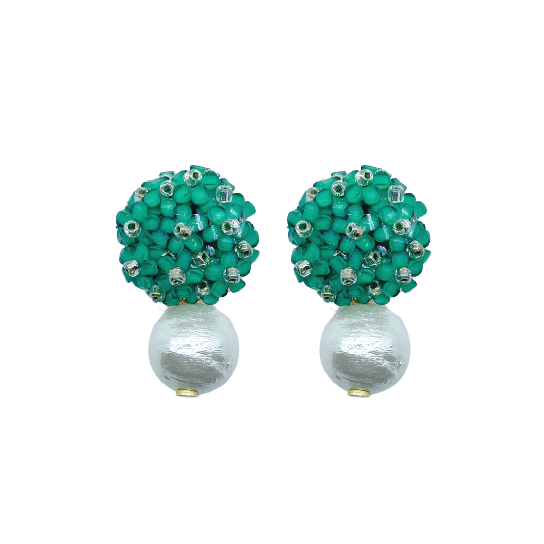 Emerald color floral cluster post with lightweight cotton pearl drop_m donohue collection
