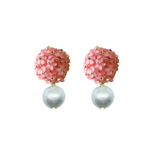 Load image into Gallery viewer, Pink color floral cluster post with lightweight cotton pearl drop_m donohue collection