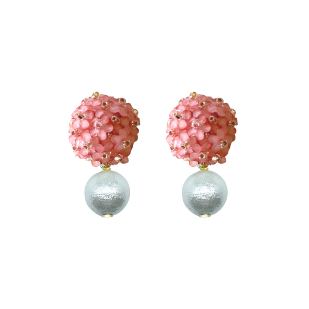 Pink color floral cluster post with lightweight cotton pearl drop_m donohue collection