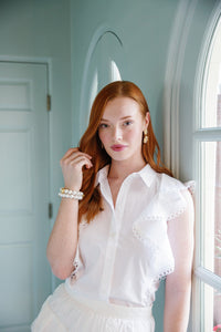 Model is wearing Jardin Hydrangea Pearl Double Earrings_m donohue collection