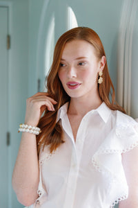 Model is wearing Jardin Hydrangea Pearl Double Earrings_m donohue collection