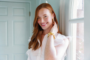Model is wearing Jardin Hydrangea Pearl Single Earrings_m donohue collection