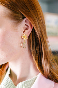 Model wears Cecile Green Quartz drop earrings_m donohue collection