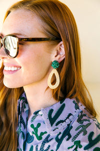 Model wears the Ava Green Rattan earring_m donohue collection