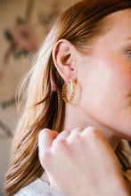 Load image into Gallery viewer, Model is wearing Versailles Treillage Gold Hoop Earrings_m donohue collection