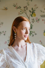 Load image into Gallery viewer, Model wears Cecile Triple Coin Pearl earrings_m donohue collection