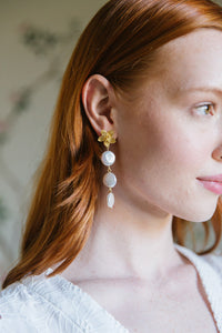 Model wears Cecile Triple Coin Pearl earrings_m donohue collection