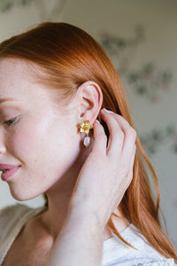 Model wears Cecile Pearl earrings_m donohue collection