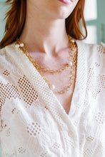 Load image into Gallery viewer, Model wears Annabelle Gold &amp; Pearl necklace doubled up_m donohue collection