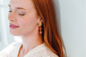 Model is wearing Jardin Pink Jade Drop Earrings_m donohue collection