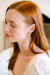 Model is wearing Remy Morganite Drop Earrings_m donohue collection