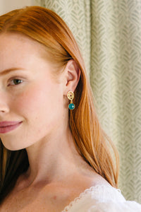 Model is wearing Remy Teal Jade Drop Earrings_m donohue collection