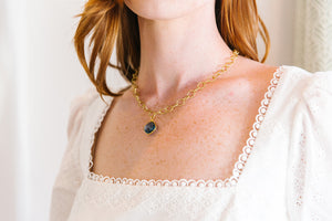 Model wears the Annabelle Gold & Blue Quartz Gemstone necklace_m donohue collection