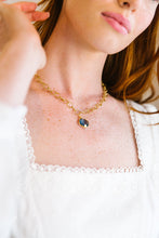 Load image into Gallery viewer, Model wears the Annabelle Gold &amp; Blue Quartz Gemstone necklace_m donohue collection