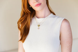 Model wears Dana Lemon Quartz Gemstone necklace with Dana Morganite Gemstone necklace_m donohue collection