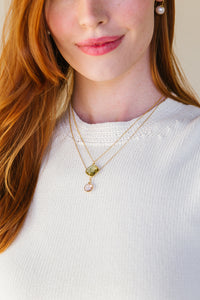 Model wears Dana Morganite Gemstone necklace_m donohue collection