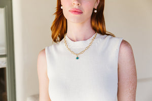 Model wears Annabelle Gold & Teal Quartz Gemstone necklace_m donohue collection