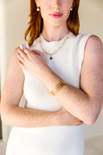 Load image into Gallery viewer, Model wears Annabelle Gold &amp; Teal Quartz Gemstone necklace_m donohue collection
