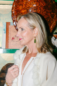 Model is wearing Avignon Wicker Gold & Green Earring_m donohue collection