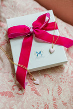 Load image into Gallery viewer, Little Enamel Pink Heart Necklaces displayed with branded box_m donohue collection