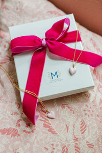 Little Enamel Pink Heart Necklaces displayed with branded box_m donohue collection