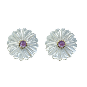 Beautiful white mother of pearl flowers with lavender amethyst gemstone center_m donohue collection