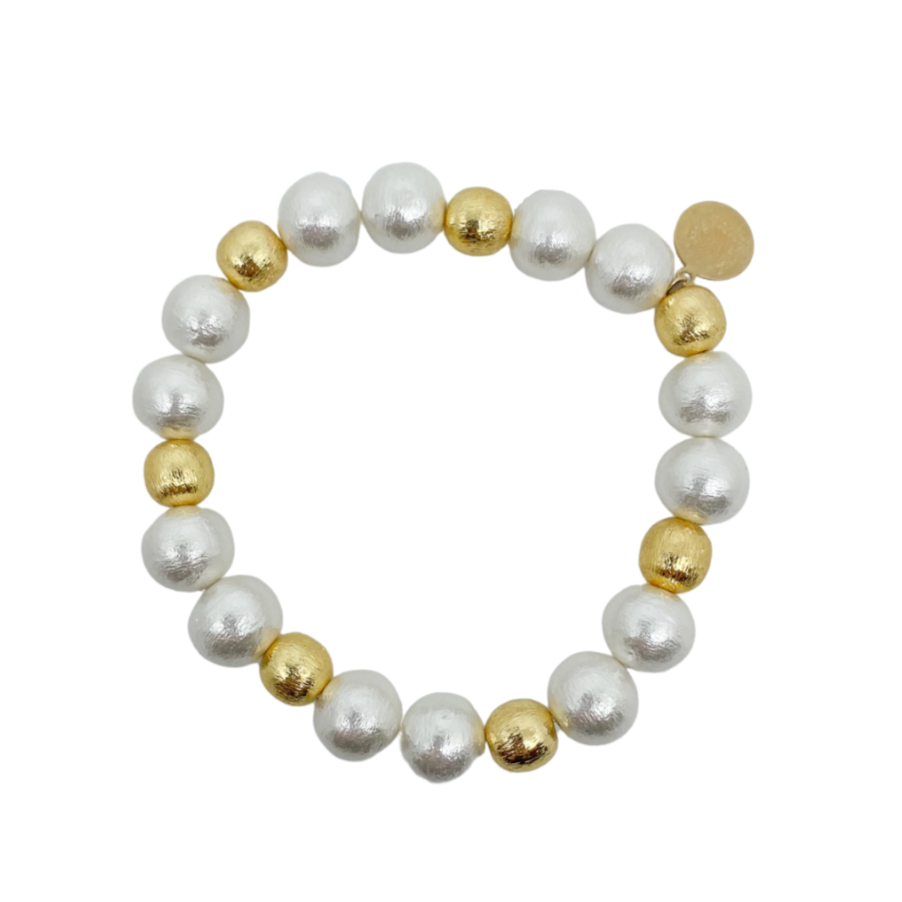 Stretch bracelet with lightweight vintage style cotton pearls and  gold-plated copper beads_m donohue collection