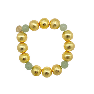 Stretch bracelet with gold-plated copper beads and sage gemstone beads_m donohue collection