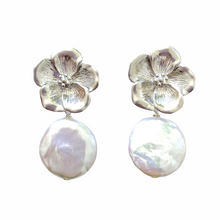 Load image into Gallery viewer, Silver-plated flower post earrings with white freshwater coin pearls_m donohue collection