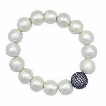 Load image into Gallery viewer, Stretch bracelet with lightweight vintage cotton pearls and silver pave bead_m donohue collection
