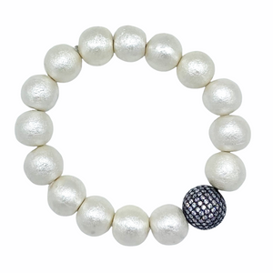 Stretch bracelet with lightweight vintage cotton pearls and silver pave bead_m donohue collection