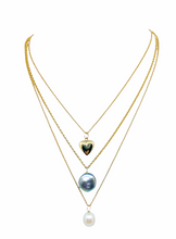 Load image into Gallery viewer, Dana Gold Heart Locket layered with Dana Blue Coin Pearl and White Pearl Drop necklaces_m donohue collection