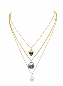 Dana Gold Heart Locket layered with Dana Blue Coin Pearl and White Pearl Drop necklaces_m donohue collection