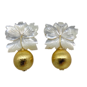 Carved Mother of Pearl flower earrings with gold-plated copper bead_m donohue collection