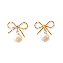 Load image into Gallery viewer, Darling gold plated bow earring posts with freshwater pearl drops_m donohue collection