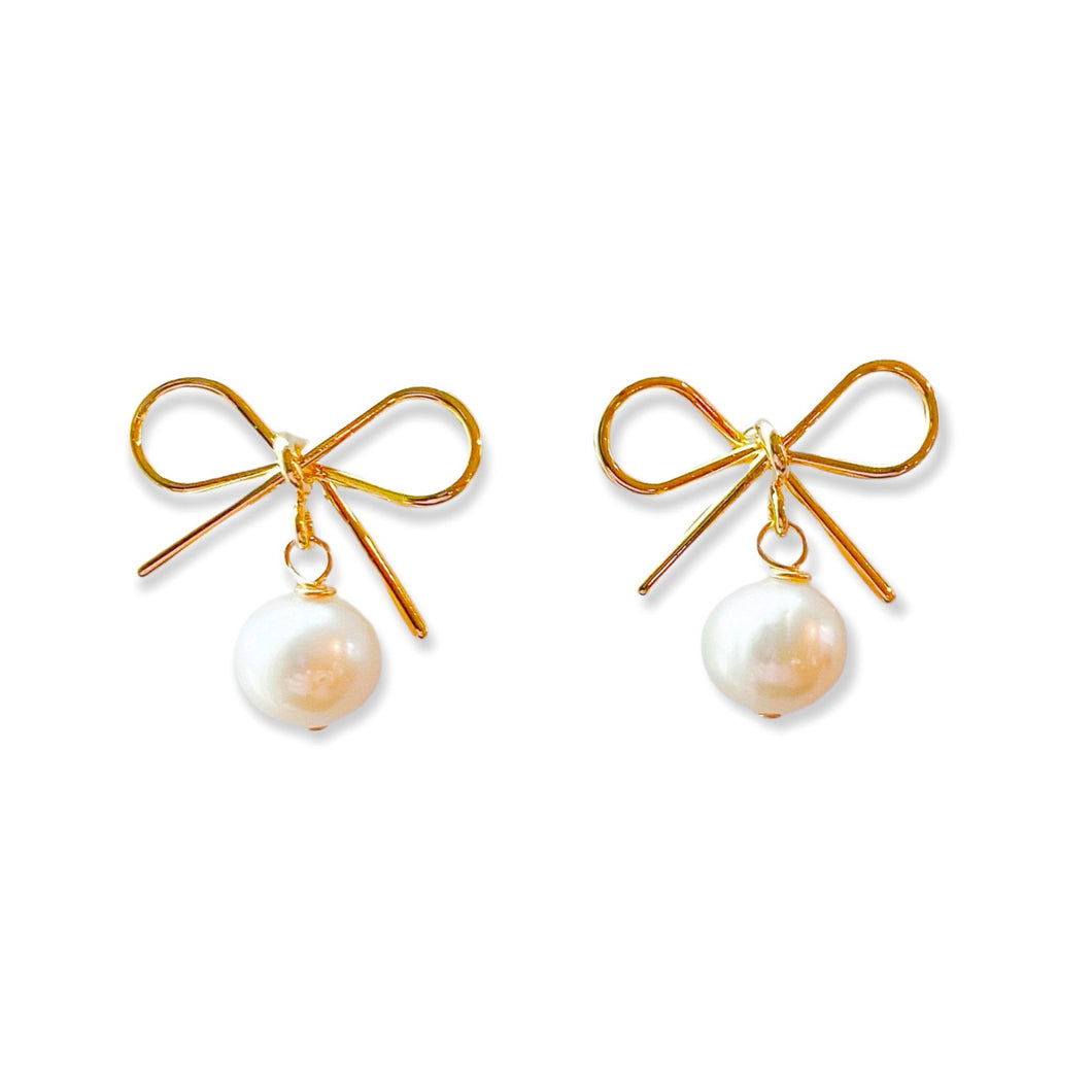 Darling gold plated bow earring posts with freshwater pearl drops_m donohue collection